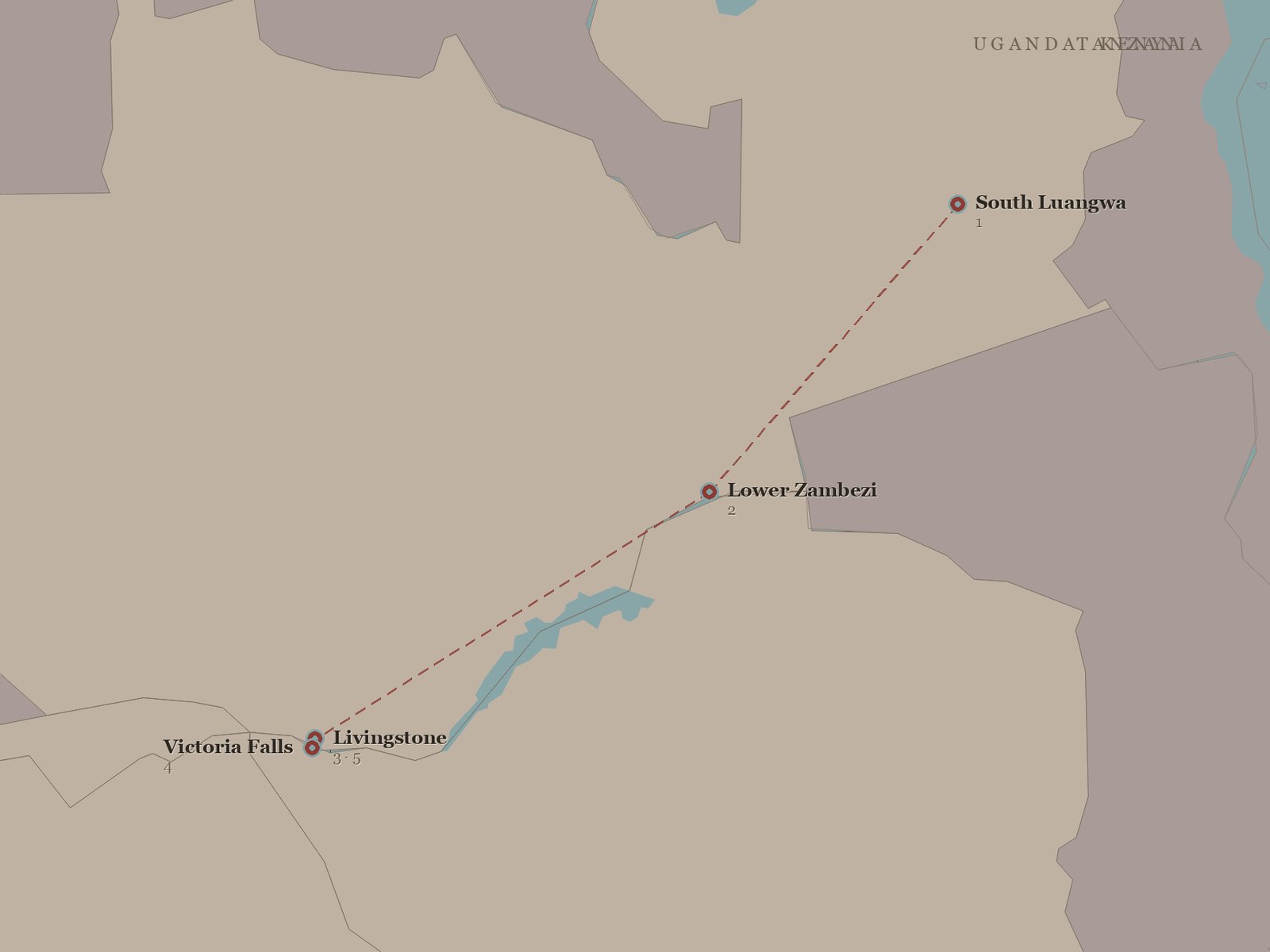 Original Spirit of Kenya route map: Zambia Highlights