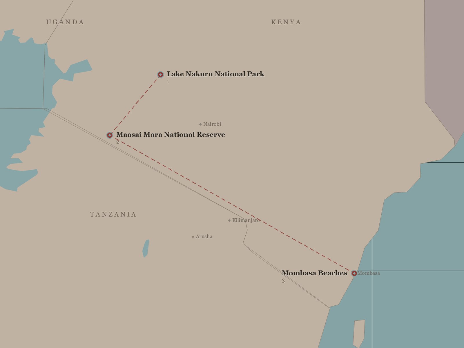 Original Spirit of Kenya route map: 7 Day Safari with Mombasa Extension