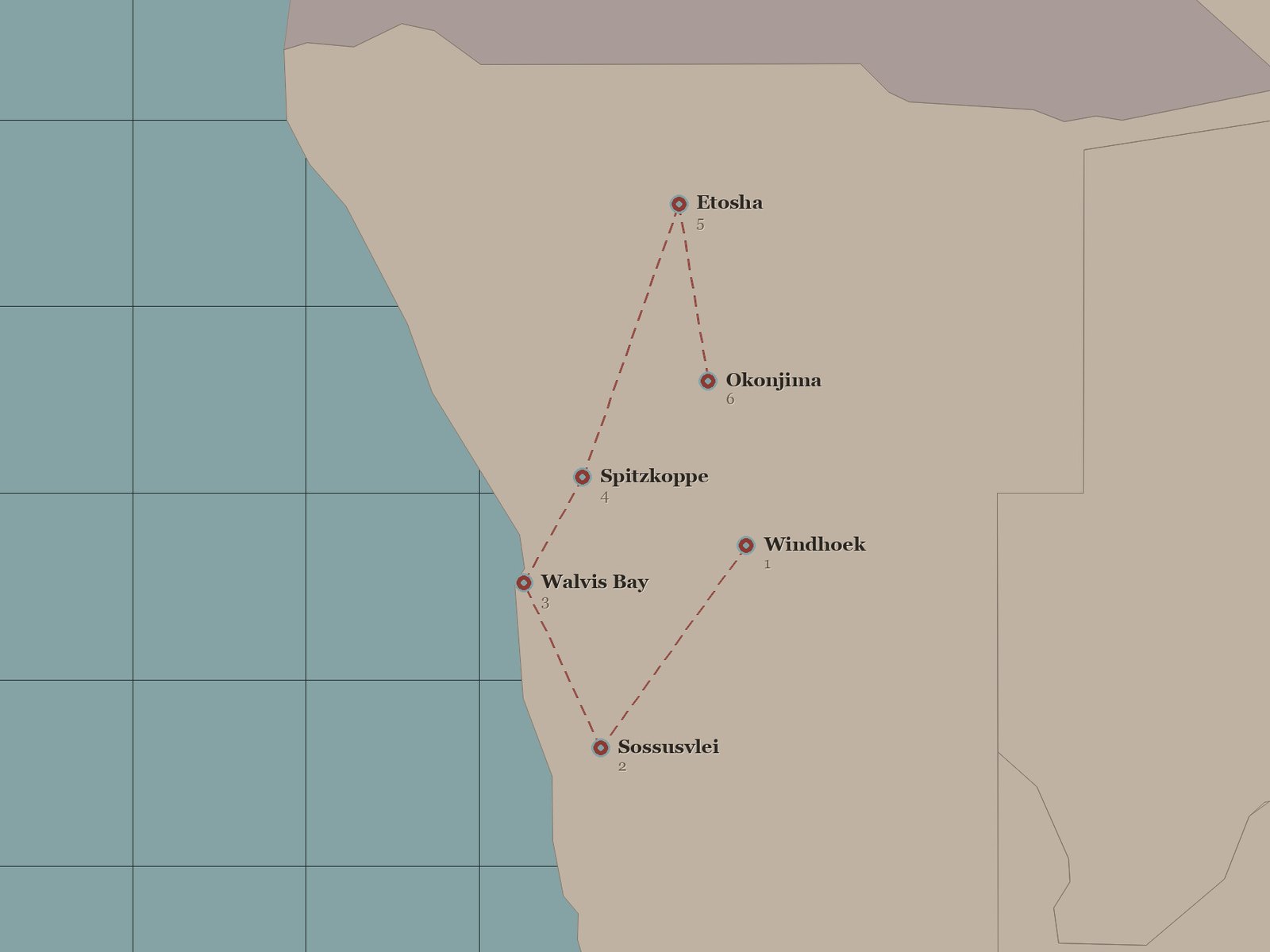 Original Spirit of Kenya route map: Namibia Highlights Luxury Safari