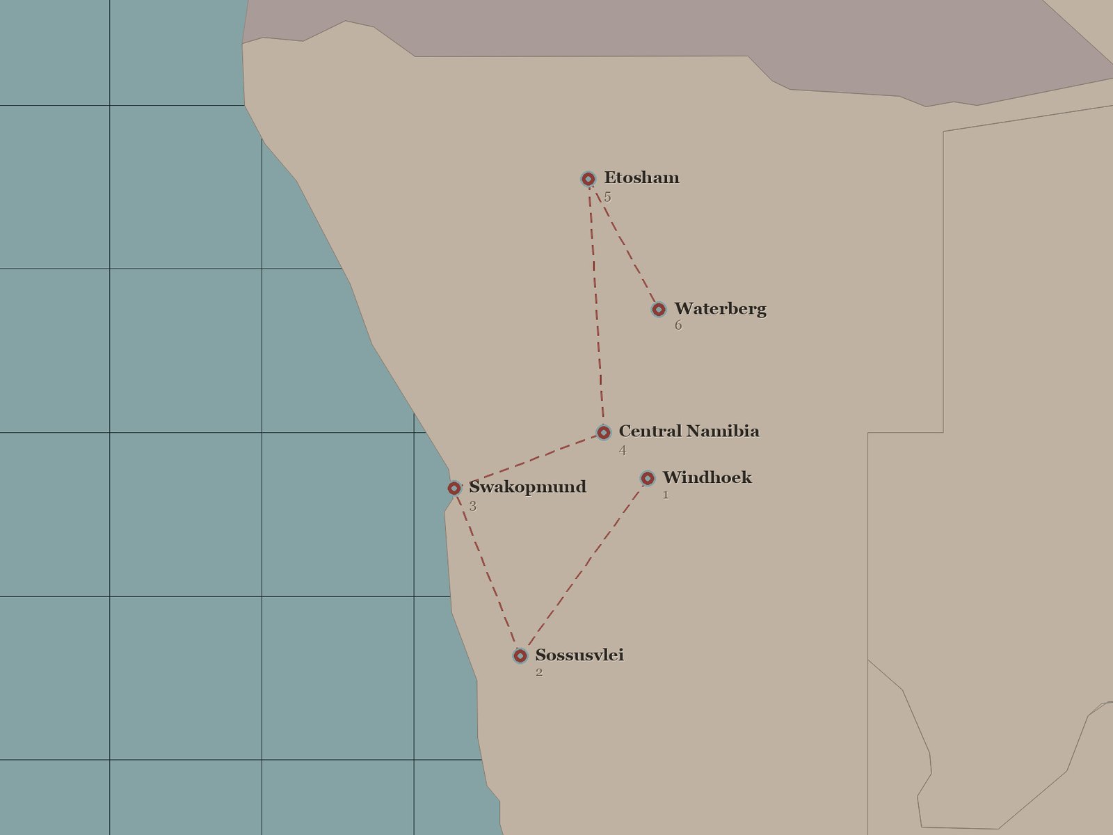 Original Spirit of Kenya route map: Namibia Highlight Standard Safari