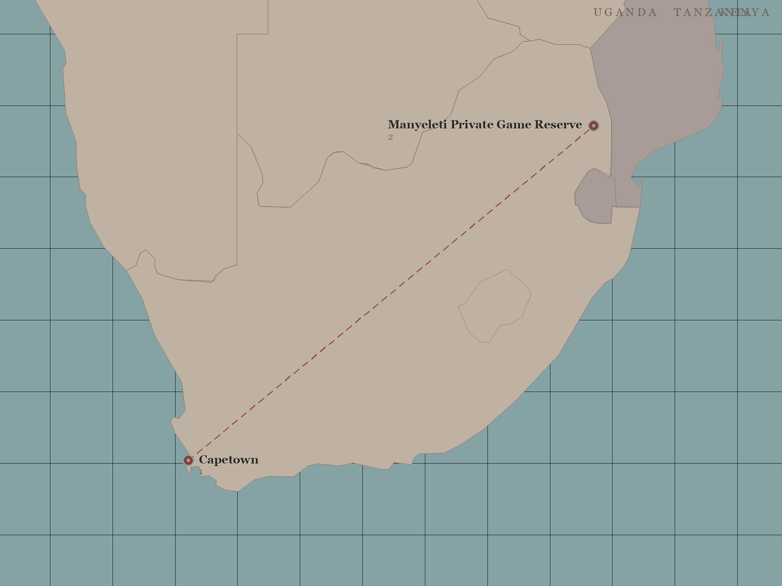 Original Spirit of Kenya route map: Cape Town and Kruger Safari - Superior