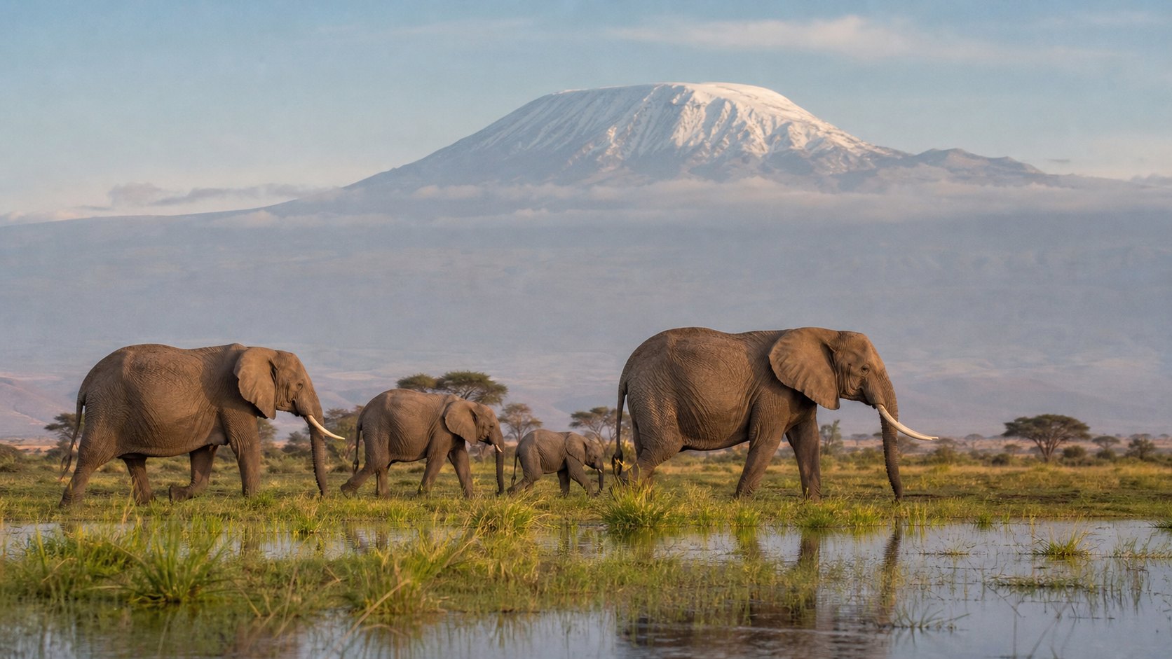 An elephant herd in Amboseli beneath the snows of Kilimanjaro